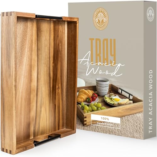 AERVENTIS Acacia Wood Serving Tray with Metal Handles - Decorative Tray for Ottoman, Kitchen, Living Room, and Parties - Large Food and Drink Serving Tray - Elegant Home Decor