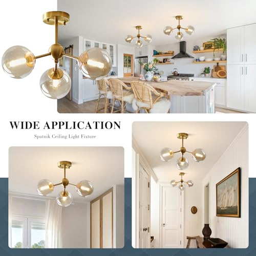 Image of KCO Lighting Small Amber Glass Ceiling Light Bubble Sputnik Chandelier Brass Gold Semi Flush Mount Ceiling Light for Kitchen Bedroom Hallway