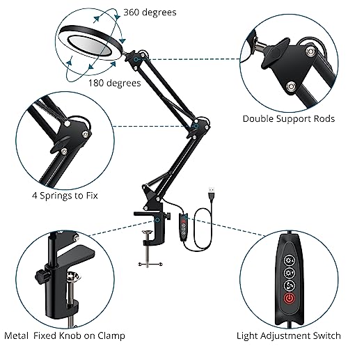 YGiTK Magnifying Glass with Light, Magnifying Desk Lamp, 3 Color Modes & 10 Brightness Dimmable, Adjustable Swing Arm LED Lighted Magnifier with Clamp Real Glass Lens for Reading Repair - Cosy Home Interiors YGiTK Magnifying Glass with Light, Magnifying Desk Lamp, 3 Color Modes & 10 Brightness Dimmable, Adjustable Swing Arm LED Lighted Magnifier with Clamp Real Glass Lens for Reading Repair - Image 5