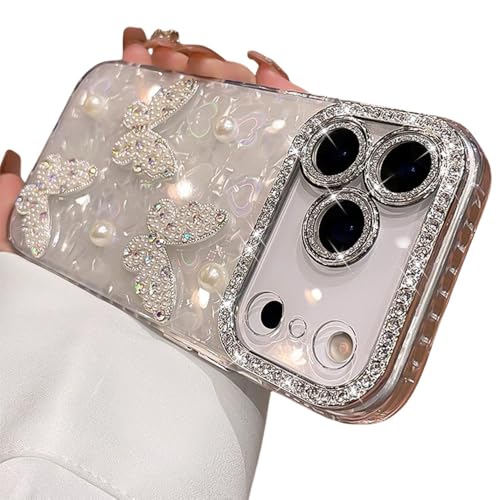 Funda de lujo transparente con diseño de mariposa de diamante para iPhone 17 Air, 16, 15, 14, 13, 12 Pro Max. Cubierta trasera de silicona suave con revestimiento transparente. Color blanco. Tamb