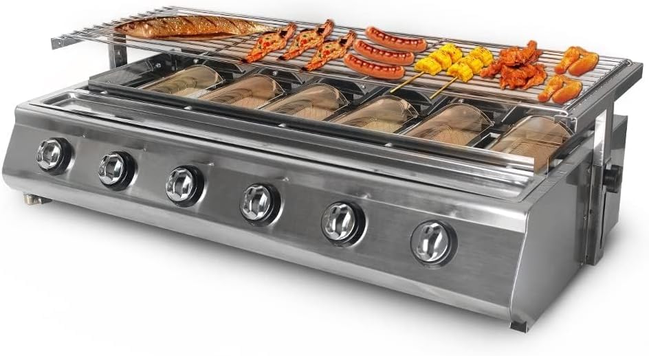 Barbecue portatile a gas con 6 fuochi, grande superficie di cottura antiaderente, perfetta per giardino, patio, campeggio e roulotte