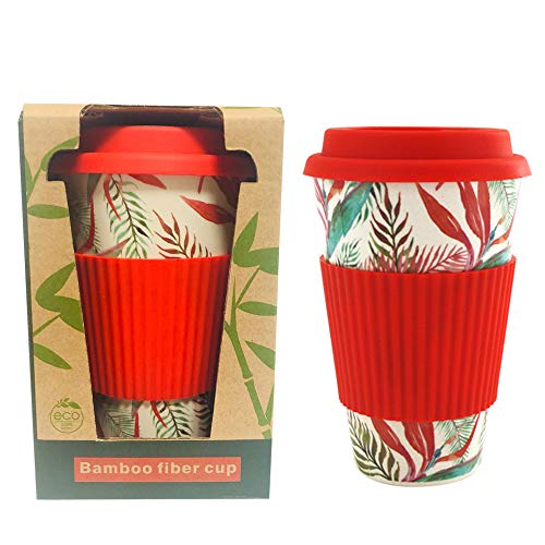 Eco Reusable Bamboo Fiber Travel Coffee Cup with Lid, Silicone Rubber Sleeve And Lid, Natural Organic Bmbu Mug, Daily Use BPA Free