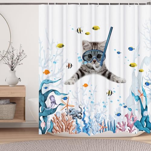 Image of Funny Cat Shower Curtain,Cute Cat Teal Blue Sea OceanShower Curtain Set,Underwater Animal Fabric Shower Curtains for Bathroom with Hooks 72X84inches