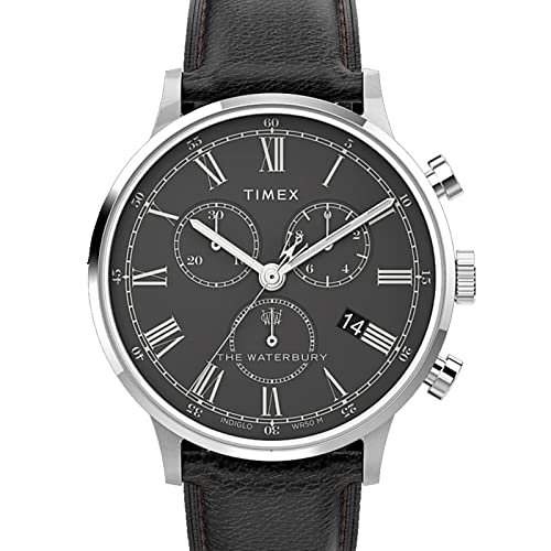 Timex Men's Waterbury Classic Chronograph 40mm Leather Strap Watch Stainless-Steel/Black