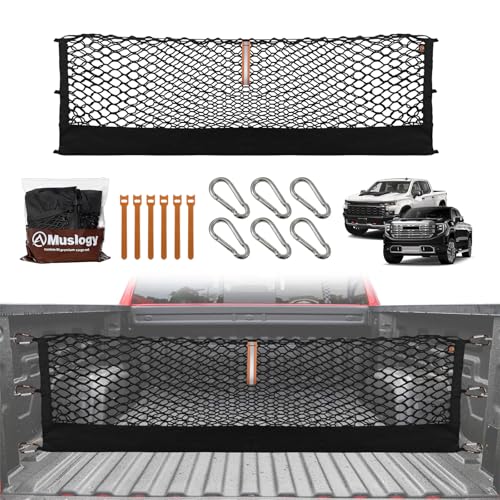 Muslogy Truck Bed Cargo Net Trunk Netting Compatible with 2013-2026 Chevy Silverado & GMC Sierra 1500/2500HD/3500HD Accessories Pickup Cargo Organizer SUV Sedan Storage Net w/Heavy Duty Carabiners