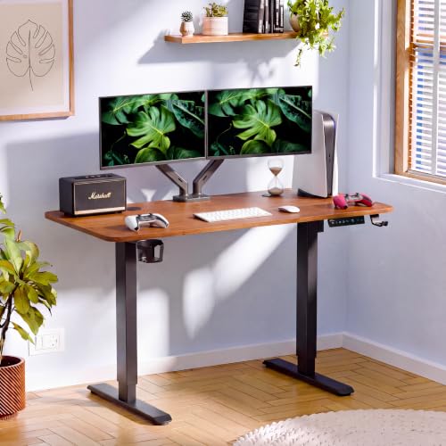 Image of V ONE Electric Standing Desk with 1-Piece Solid Top | Heavy Duty Height Adjustable Computer Desk | 3 Memory Preset | 5 Year Warranty | for Home Office (Grenade Pine, 140 * 60 CM)