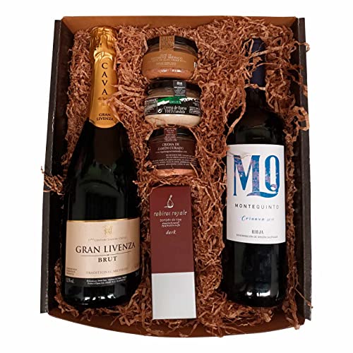 Cesta de Navidad para regalo de empresas con vino, cava, bombones, cremas y pates.