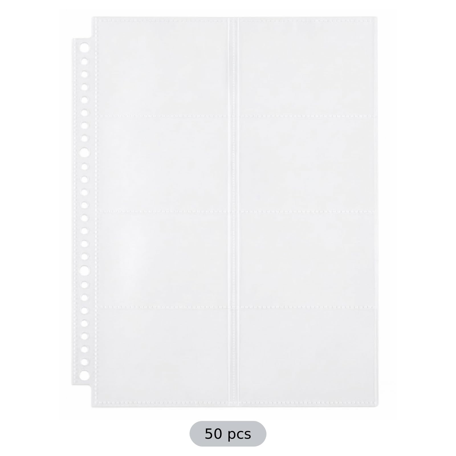 50 Stück B5 Fotokartenhüllen mit 26 Löchern, 8 Fächer je Seite, einseitige klare Nachfüllseiten aus 0,1 mm dicker PP-Folie für Sammelkarten, Fotoalbumseiten und übersichtliche Aufbewahrung