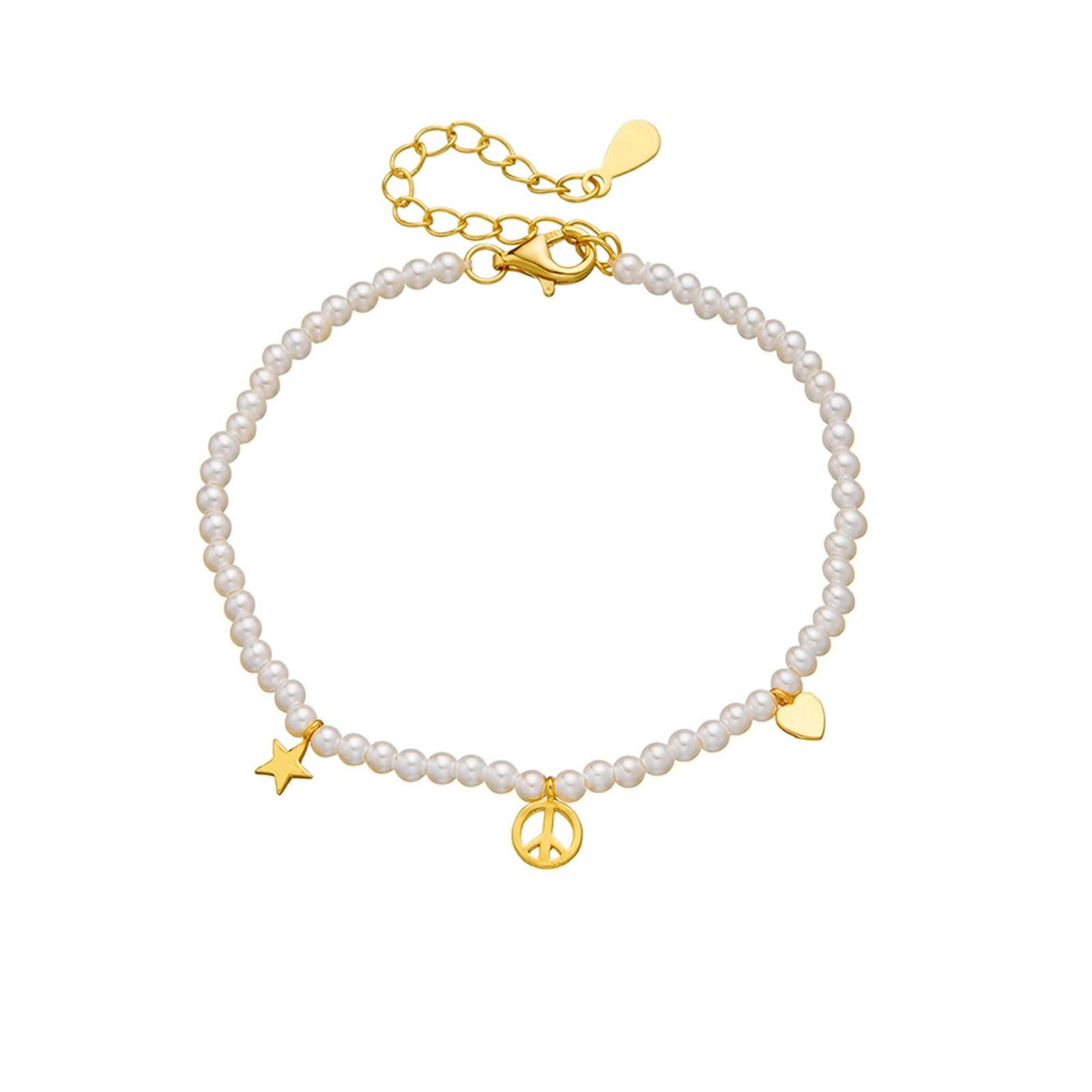 Pulseras de Mujer de Oro 9K / 14K / 18K, Perlas con Estrella y Corazón, Cadena Extensible 16 CM + 5 CM, Pulseras Cadena Oro Ajustable Mujer