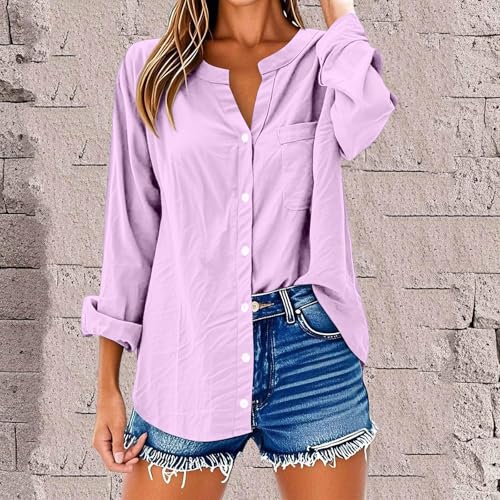 Womens 3/4 Sleeve Button Down Shirts Cotton Linen Roll Up 3/4 Sleeve Tops V Neck Casual Loose Fit Blouses2