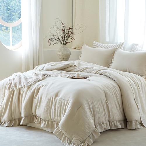 Image of Beige Ruffle Comforter Set King, Pre-Washed Shabby Chic Bedding Set, Lightweight Cottagecore Soft Romantic Cozy 1 Comforter & 2 Shams, All-Season