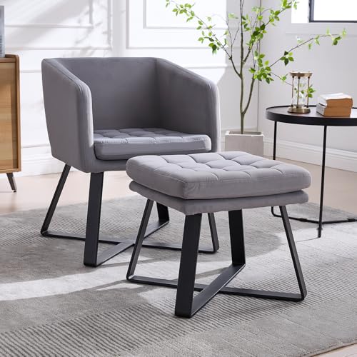 chairus Fauteuil de Salon avec Repose-Pied, Fauteuil Relax avec Pieds en Métal, Chaise Scandinave en Velours pour Salon, Chambre, Gris