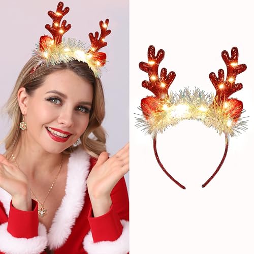 Fashband Christimas Headbands Deer Ears Headband Glitter Headpiece Hair Hoops for adults Christmas(Red)