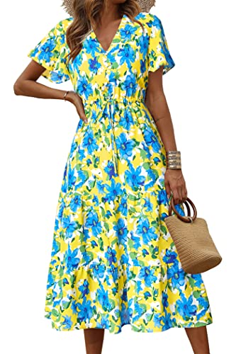 PRETTYGARDEN Summer Floral Dress for Women 2025 Casual Boho Short Sleeve Maxi Dresses V Neck Tiered Flowy Beach Sundress