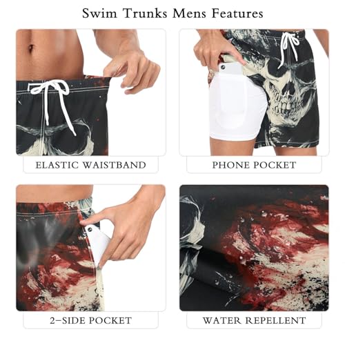 Skull Gothic Art Mens Swim Trunks with Liner, Cool Quick Dry Beach Swim Shorts, Swimwear Bathing Suits S3