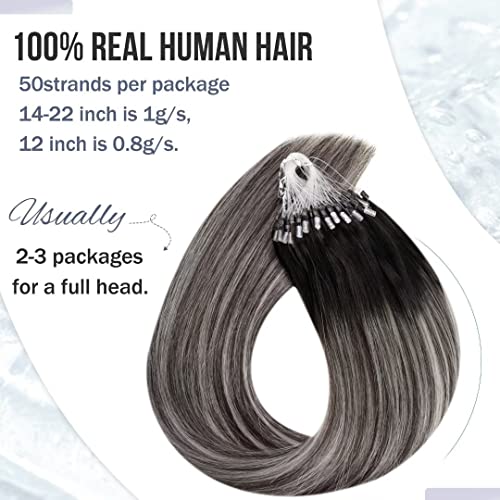 Hetto Micro Beads Hair Extensions Balayage Black Mix Silver 22 Inch, Straight Micro Rings Real Human Hair Prebonded - Image 2