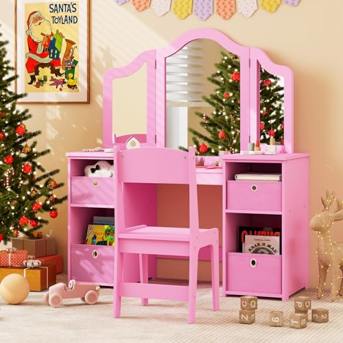 Image of Costzon Kids Vanity, 2 in 1 Princess Makeup Desk & Chair Set with Tri-Folding Mirror, 4 Storage Bins, Wooden Toddler Vanity Dressing Table, Vanity Set for Little Girls (Pink)