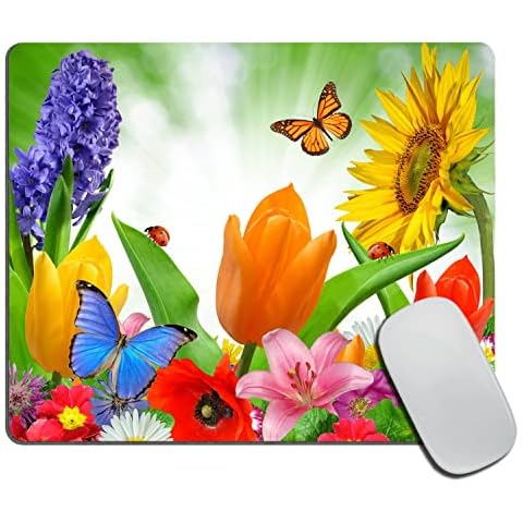 Flower Mouse Pad, Purple Hyacinth Yellow Sunflower Red Tulip Pink Lily Daisy Butterfly Customized Non-Slip Rubber Base Mousepads, Computer Mouse Pads for Wireless Mouse 9.5×7.9×0.12 inches Cover