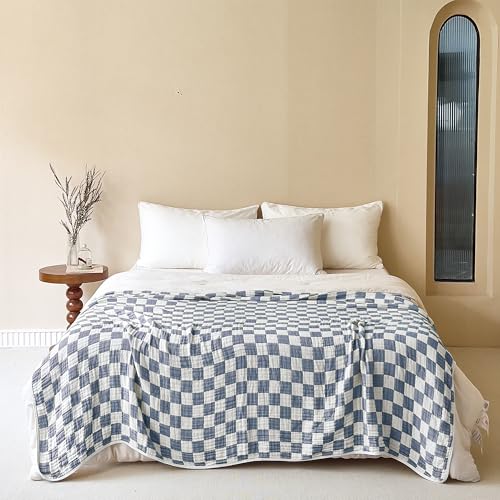 Image of 6-Layer Gauze Muslin Blanket 100% Cotton Blue Checkerboard Queen Size 90 inchx90 inch Cooling Throw Blanket Lightweight Soft and Breathable Cozy Blanket Bed Coverlet Both Sides (Blue Checkerboard, Queen)