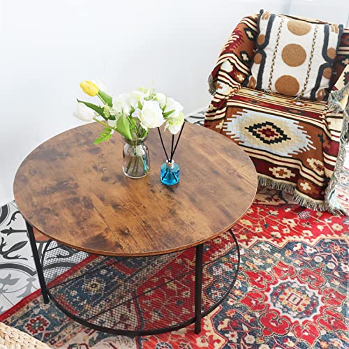 Aboxoo Round Coffee Table Large 2-Tiers Shelves Grid Metal Shelf Storage Rustic Fashion Modern Home Furniture For Living Room End Side Table Brown & Black thumb #3