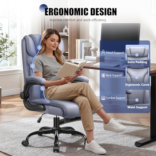 Image of Primy Office Chair, Ergonomic Leather Desk Chair with Flip-up Armrests, Big and Tall High Back Executive Computer & Gaming Chair with Footrest, Comfy Padded, Rocking Function and Lumbar Support(Gray)