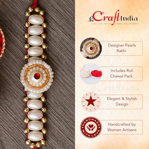 Image of eCraftIndia Designer Pearls Rakhi with Roli Chawal Pack and Raksha Bandhan Greeting Card