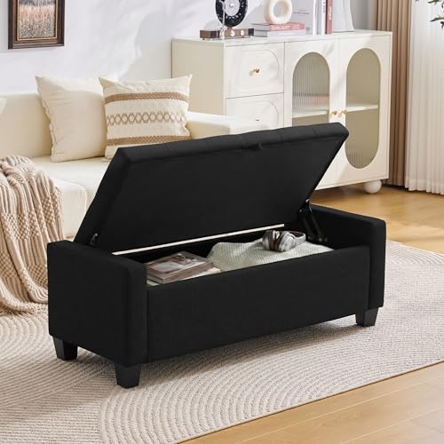 Image of Huatean Home 43 inch Ottoman with Storage, Black Storage Ottoman Bench with Safety Hinge, Upholstered Entryway Bench with Seating for Bedroom, Living Room, Holds up to 330 lb