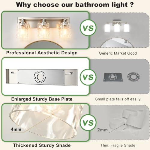 Image of Bathroom Light Fixtures,3-Light Brushed Nickel Vanity Lights Over Mirror | Modern Wall Light,Clear Ripple Glass Shade,Sturdy Metal Frame,For Bathroom Remodel,Easy Install,E26 Socket,ETL-Listed 20-inch