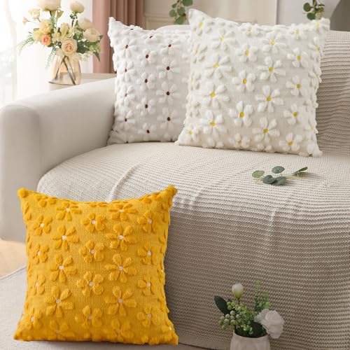 Image of DFXSZ Spring Summer Pillow Covers 16x16 inch Set of 2 White Rust Daisy | Farmhouse Decor Soft Plush Faux Fur Jacquard Throw Pillow Covers|For Spring Holiday Sofa Home Decor