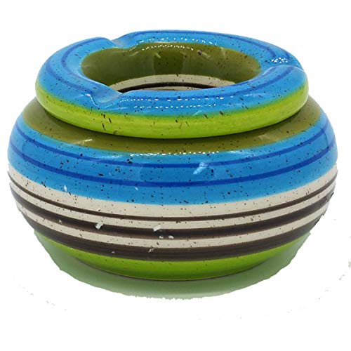 Land-Haus-Shop - Cenicero con protección contra el viento, tamaño L - Cenicero de cerámica con tapa, Rayas claras.