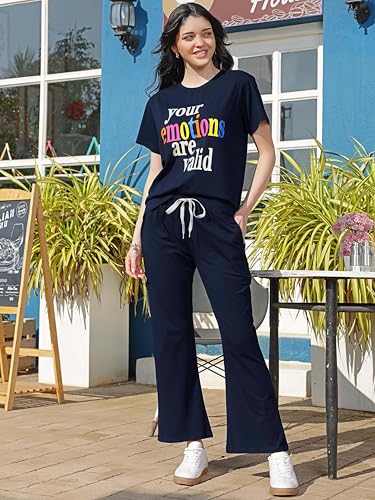 Image of ZEYO Night Suit for Women's Typography Printed Cotton Night Dress of Top and Wide Bottom Pyjama