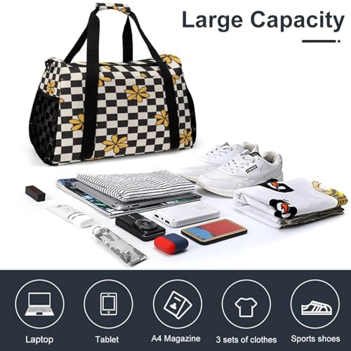 Daisy Floral Black White Checkered Personal Item Bag Travel Duffel Bag Sports Tote Gym Bag Luggage Duffle for Women Men4