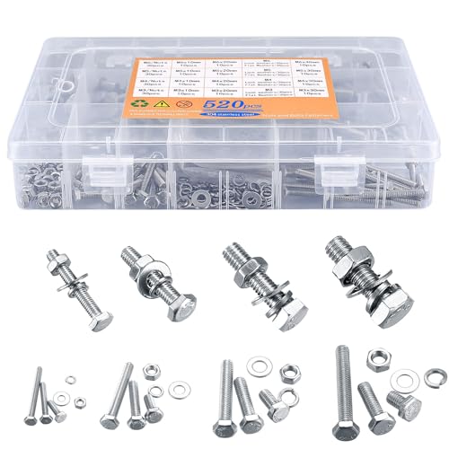 Schrauben und Mutter set, 520 Stück M3/M4/M5/M6 Sechskantschrauben und Muttern Set, Schraubensortiment mit Muttern Unterlegscheiben Set, Edelstahl Sechskant Schrauben Muttern und Unterlegscheiben Set