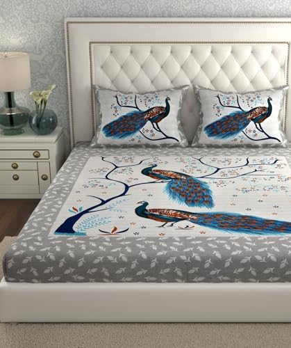 Image of KOUNDAL Rajasthani Jaipuri Sanganeri Printed 144 TC 100% Cotton Bed Sheet Set for Double Bed,Floral Print, Double Bedsheet Cotton with 2 Pillow Covers (Grey(Peacock), King)