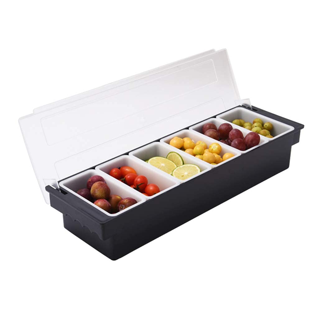 Glp Black 6 Compartments Condiment Dispenser, Bpa Free Plastic Box Tray Container With Lid, Frozen Salad Vegetable Fruit Refrigerated Plate Caddy, For Bar, Party