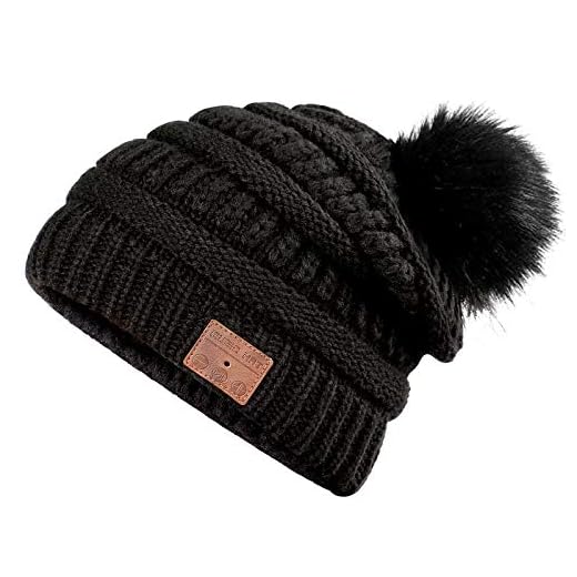 Bluetooth Beanie, Deegotech Bluetooth Hat with Headphone, Tech Gifts for Women Girls, Pompom Knit Music Winter Hat Warm Ski Cap-Black