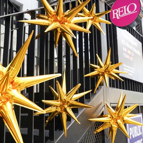 Image of PartyWoo Gold Star Foil Balloons 6pcs 22 Inch Spike Explosion Mylar Balloons for Graduation Birthday Baby Shower Engagement Wedding Anniversary Bridal Shower Bachelorette Retirement Party Decorations