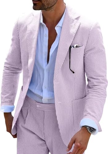 Seersucker Slim Suits Men Formal Summer Beach Wedding Grooms 2 Piece Blazer Pants Party Striped Suit Purple S