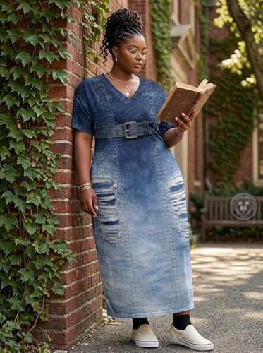 Image of SUZONANA Plus Size Denim Print Maxi Dresses for Women Casual V Neck Short Sleeve with Pockets Soft Jean Look Dress XL-6XL