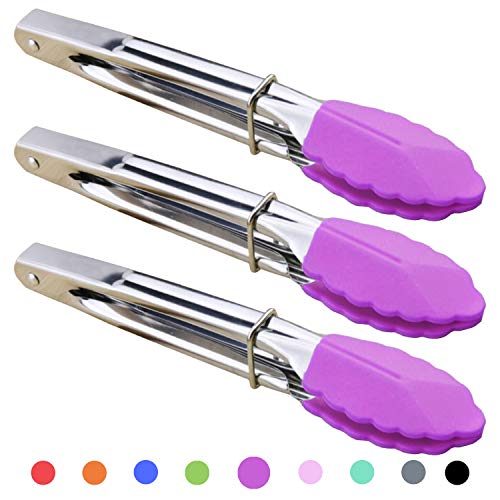 HINMAY 7-Inch Stainless Steel Tongs with Silicone Tips Locking Metal Food Tongs, Set