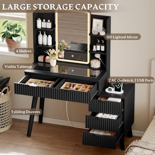 Image of Xixini Fluted Vanity Desk with LED Lights Mirror & Charging Station, Black