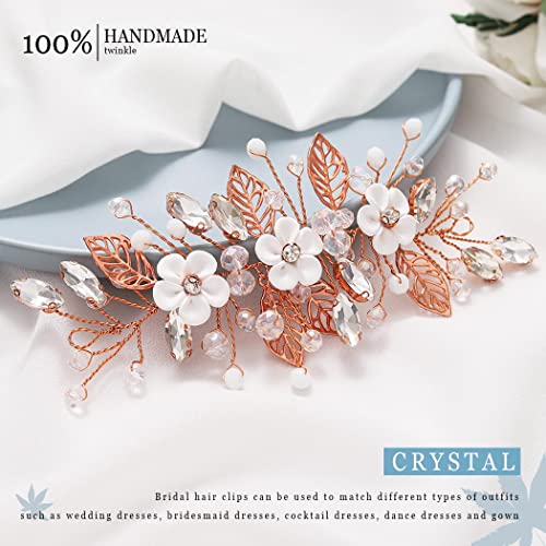 Vakkery Bride Flower Wedding Hair Vines Crystal Hair Piece Bridal Hair Accessories for Women and Girls (Rose Gold) - Image 4