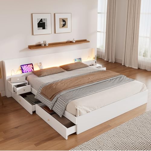 Ymkua Doppelbett 180x200cm, Stauraumbett Holzbett mit LED-Leuchten und 2 Schubladen, Bettgestell mit USB-Port und 2 Nachttische, Jugendbett Bett mit Kopfteil und Lattenrost, Weiß, ohne Matratze