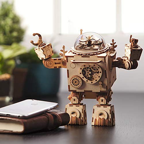 Hands Craft AM601: DIY Build Your Own 3D Wooden Puzzle Music Box with Hand Crank Kit (Orpheus Robot)- Plays Tune Can't Take My Eyes Off of You, Educational STEM Project Brain Teaser Gift - Thumbnail 4