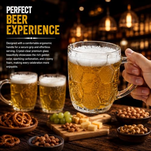 Image of WRINGO Beer Mugs Set of 2, 450ML Glass Mug with Handle, Large Big Heavy Mugs for Freezer, Multipurpose Mugs, Dishwasher & Microwave Safe (BR-14)
