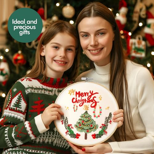 Image of wtisan Christmas Embroidery Kit, Cross Stitch Kits for Beginners, Needlepoint with All Tools & Instructions, Stamped Hand Embroidery Starter Kit for Holiday Crafts & Xmas Home Decor, W18