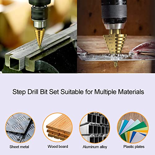 Hots SDB-5 Step Drill Bit Set & Automatic Center Punch Unibit, Cobalt Titanium Set, 5Pcs Hss Multiple Hole 50 Sizes (1/8In-1 3/8In) High-Speed Metal Steel thumb #1