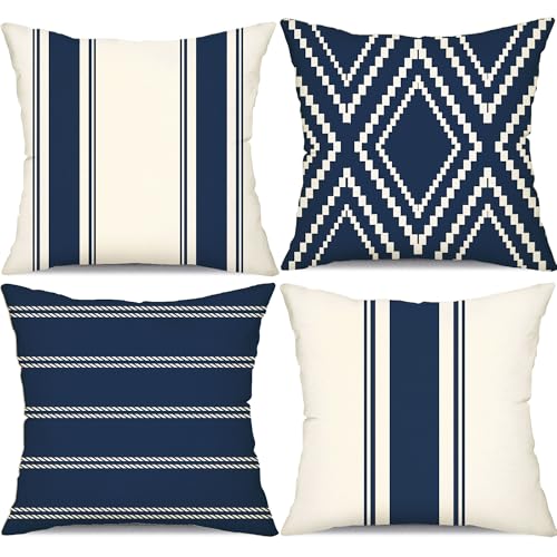 DFXSZ Outdoor Pillow Covers 18x18 Inch Set of 4 Navy Blue Waterproof Modern Geometry Throw Pillows Outdoor Summer Waterproof Decor for Patio Funiture Garden Polyester Cushion Covers 013N18
