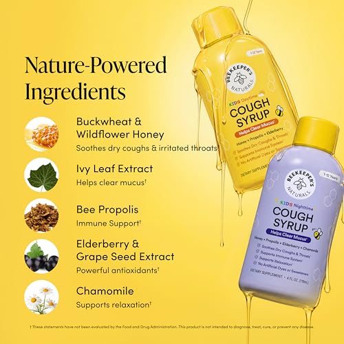 Image of Beekeeper's Naturals Kid's Cough Syrup Value Pack 2-Pack 4 fl oz Each | Value Pack, Immune Support with Elderberry, Vitamin C, D, Propolis & Raw Honey, Soothing, Clean Ingredients