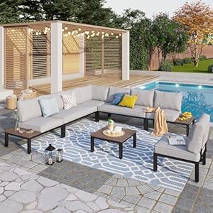 PHI VILLA Metal Patio Furniture Set 7 Piece Modular Modern Outdoor Sectional Sofa Garden Bench Set Conversation Set with Wrought Iron Coffee Table